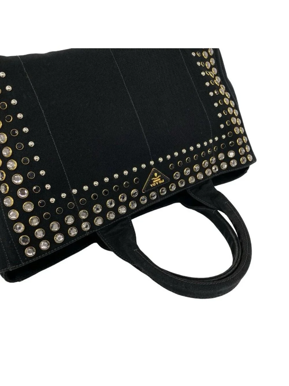 Prada Canapa Triangle Logo Canvas Saffiano Leather Studs Tote Handbag Black